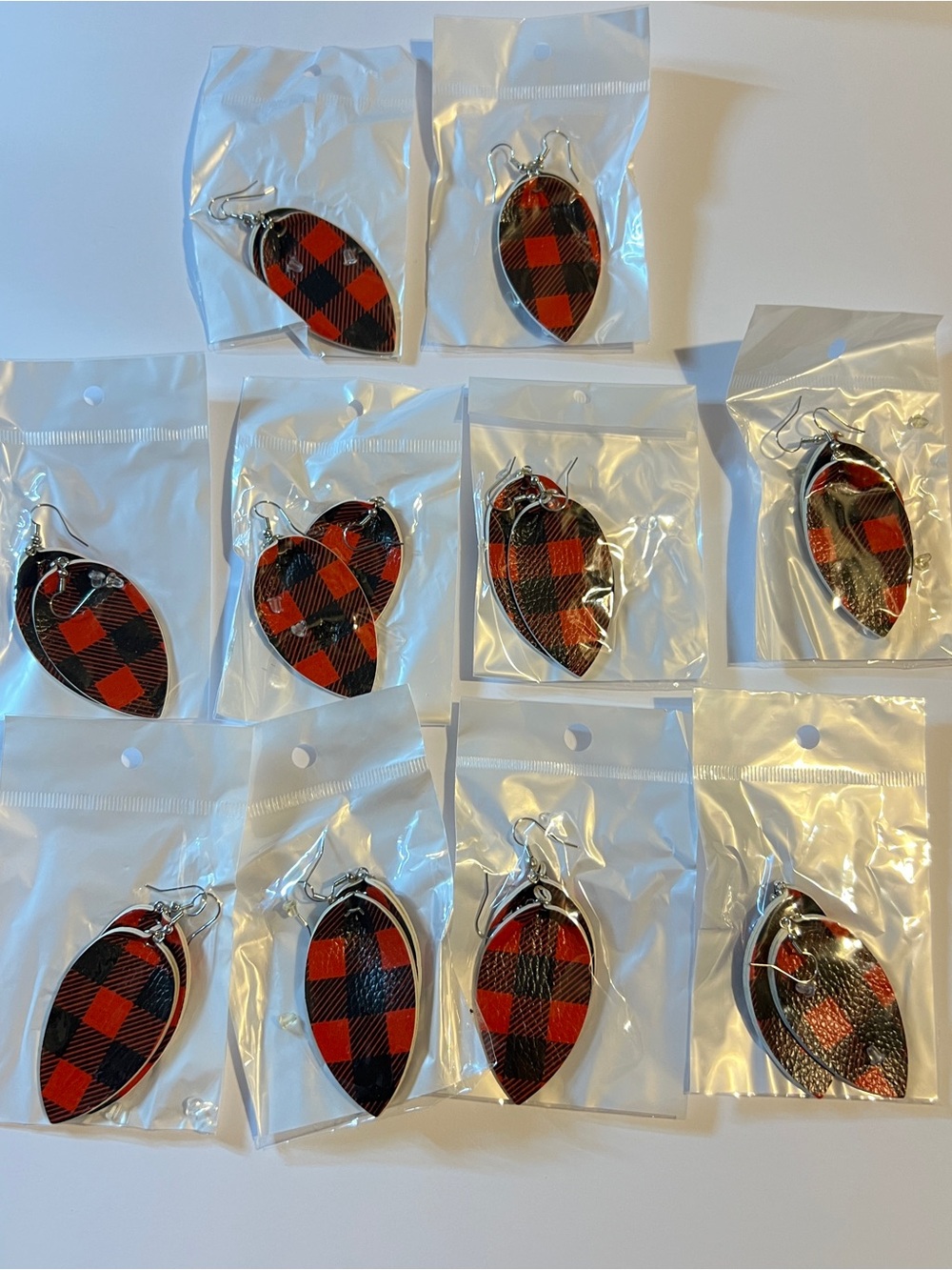 10 Pair Plaid Leaf Shaped Red & Plastic Earrings